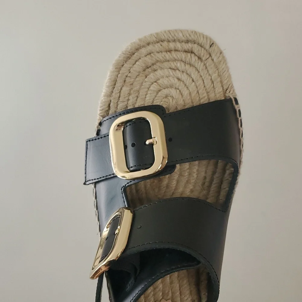 J. Crew Black Leather Block Heel Espadrille Sandals Size 8 Gold Buckle Womens